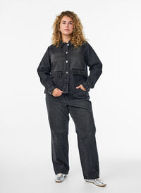 Straight fit jeans med rhinesteiner og høy midje, Grå Straight fit jeans med rhinesteiner og høy midje, Grå, Model