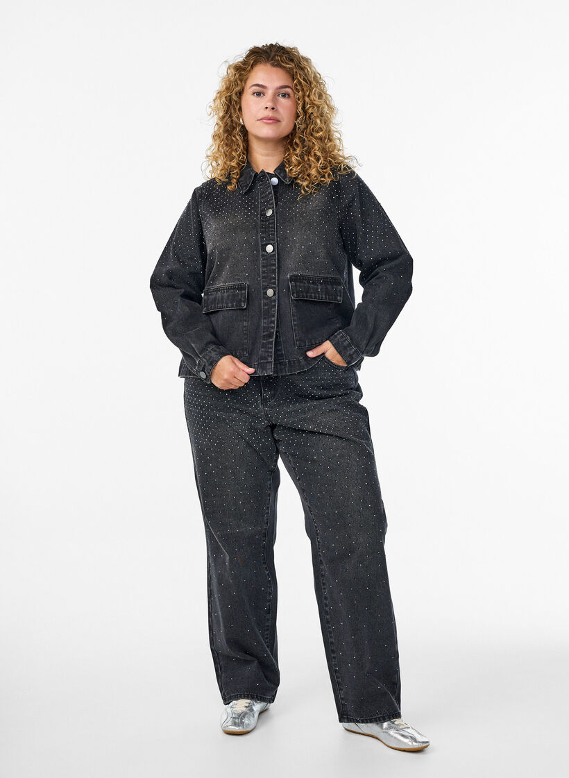 Straight fit jeans med rhinesteiner og høy midje, Grå, Model image number 0