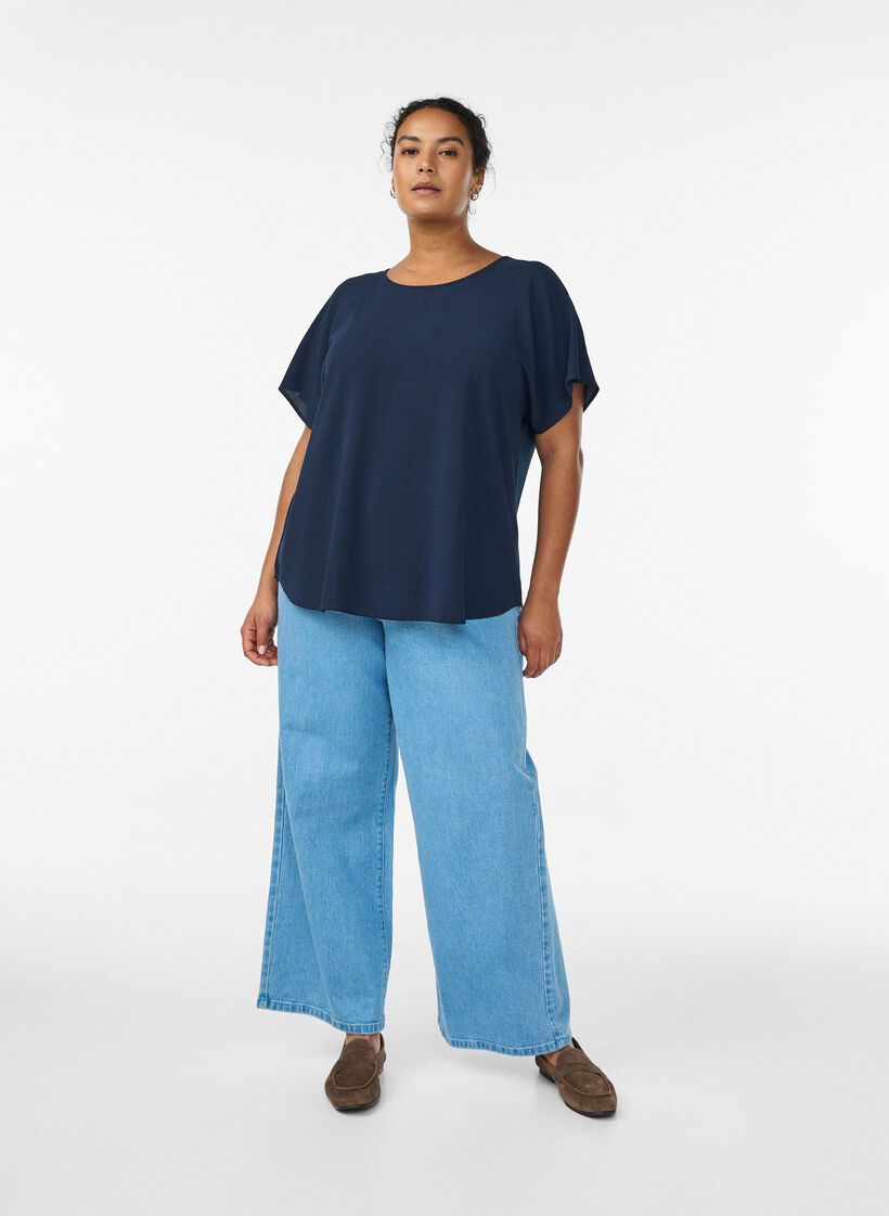 Kortermet bluse med rund hals, Bl&aring;, Model image number 1