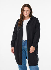Lang cardigan i bomull med hette, Svart Lang cardigan i bomull med hette, Svart, Model