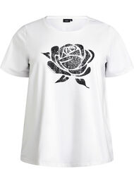 T-skjorte i organisk bomull med blomstermønster, B. White w. Rose