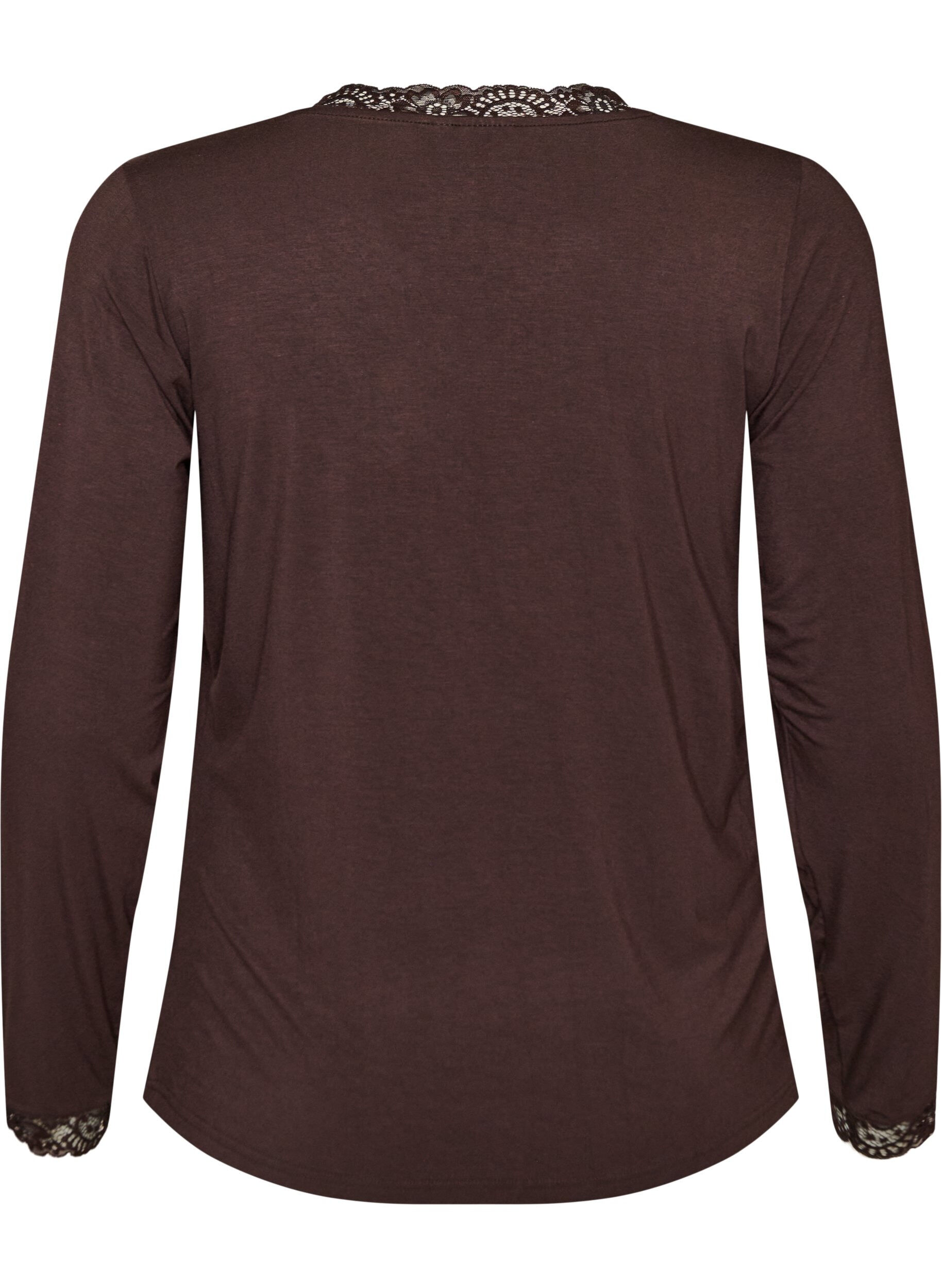 ZizziViskose bluse med blonder og V-hals, Brun, Packshot image number 1