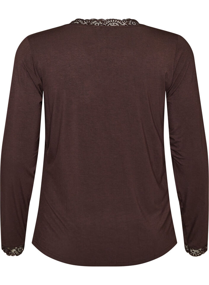 Viskose bluse med blonder og V-hals, Brun, Packshot image number 1