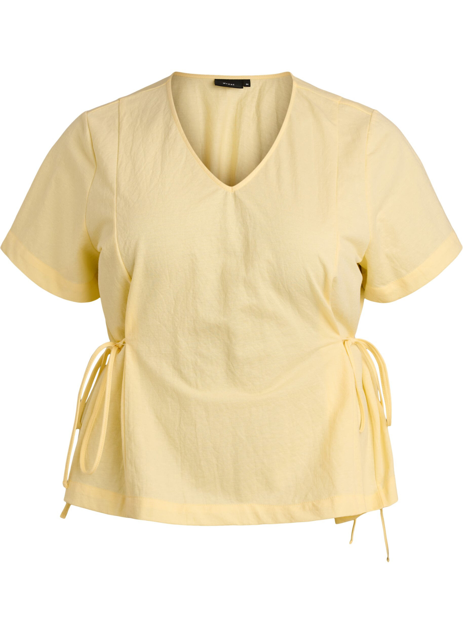 ZizziBluse i bomullsblanding med V-hals og knyteb&aring;nd, Gul, Packshot image number 0