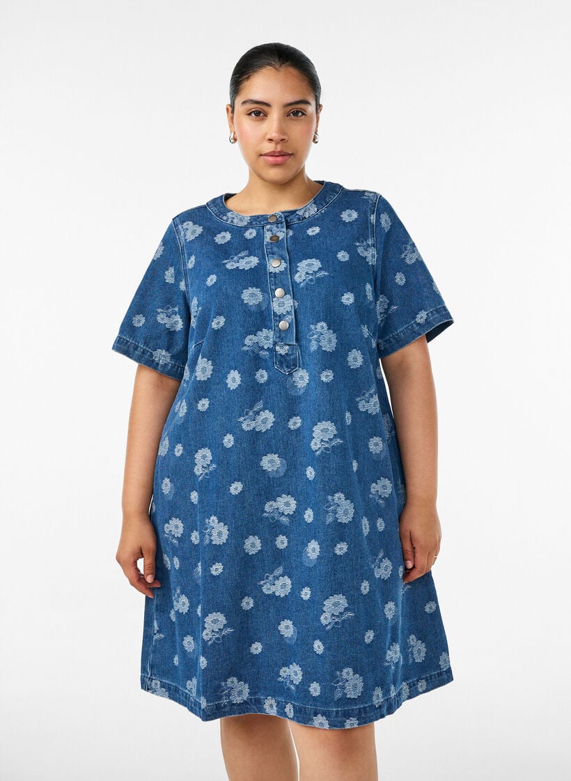 A-linje denimkjole med blomstertrykk, Bl&aring;, Model image number 0