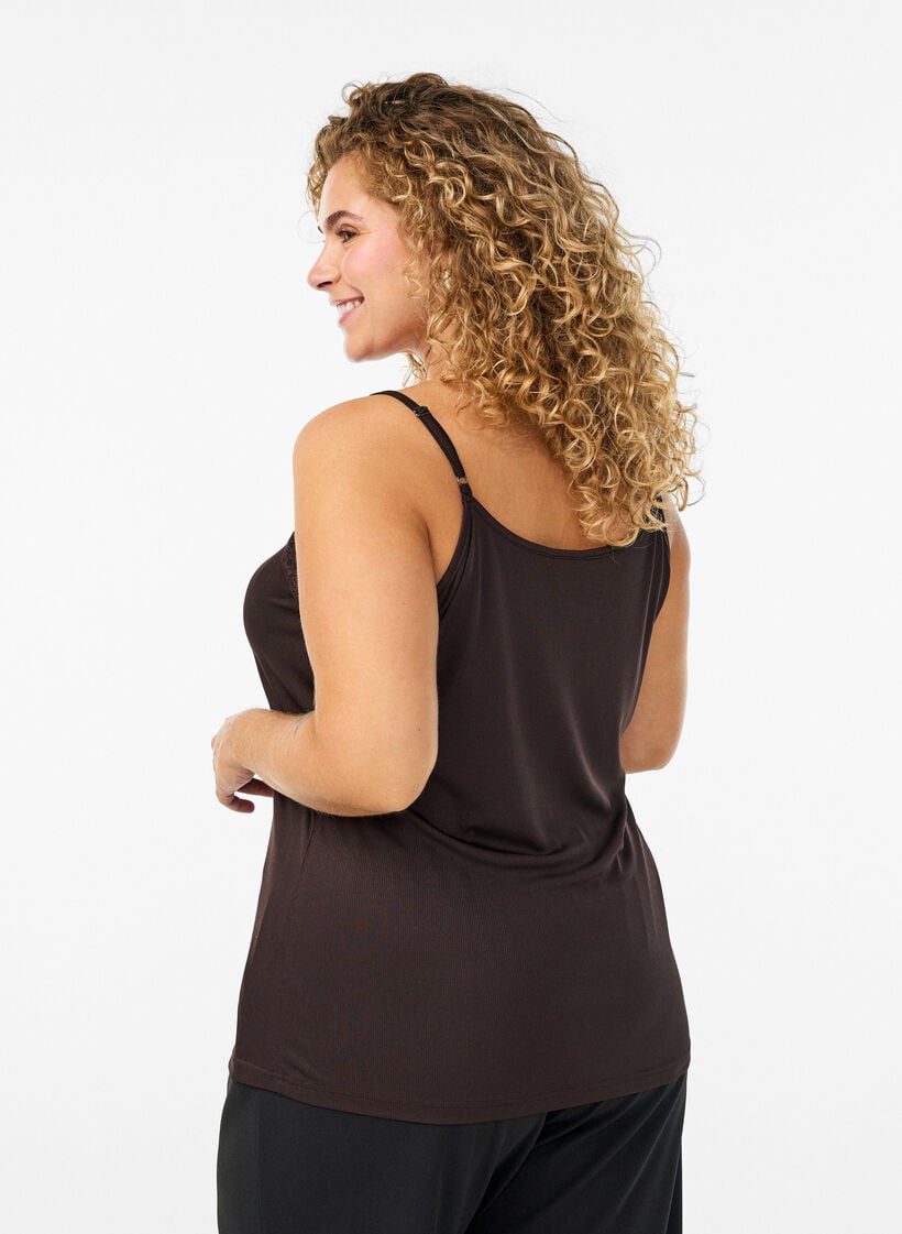 Ribbet jerseytopp med blondedetaljer, Brun, Model image number 2