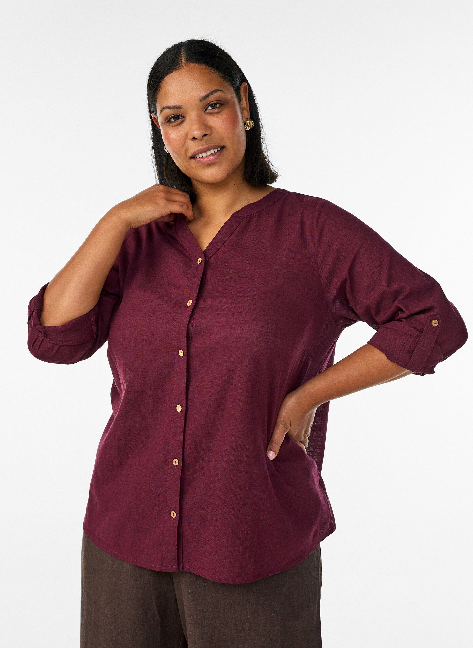 ZizziBomullsbluse med V-hals, R&oslash;d, Model image number 0