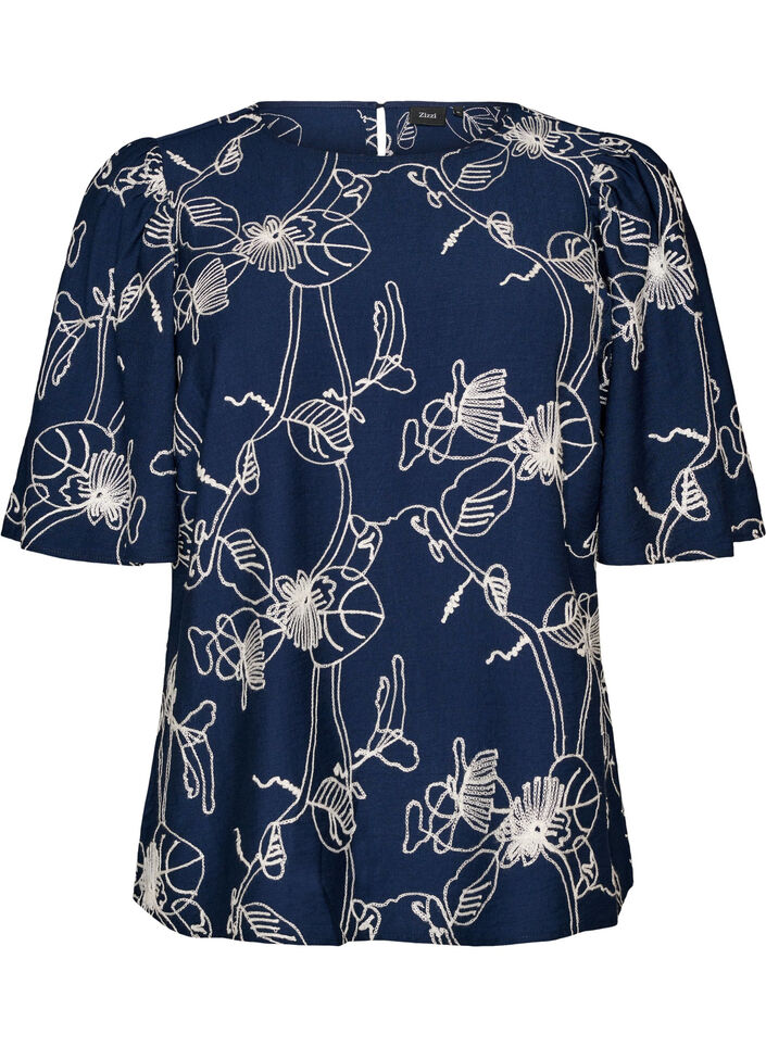Kortermet bluse med brodert m&oslash;nster, Bl&aring;, Packshot image number 0