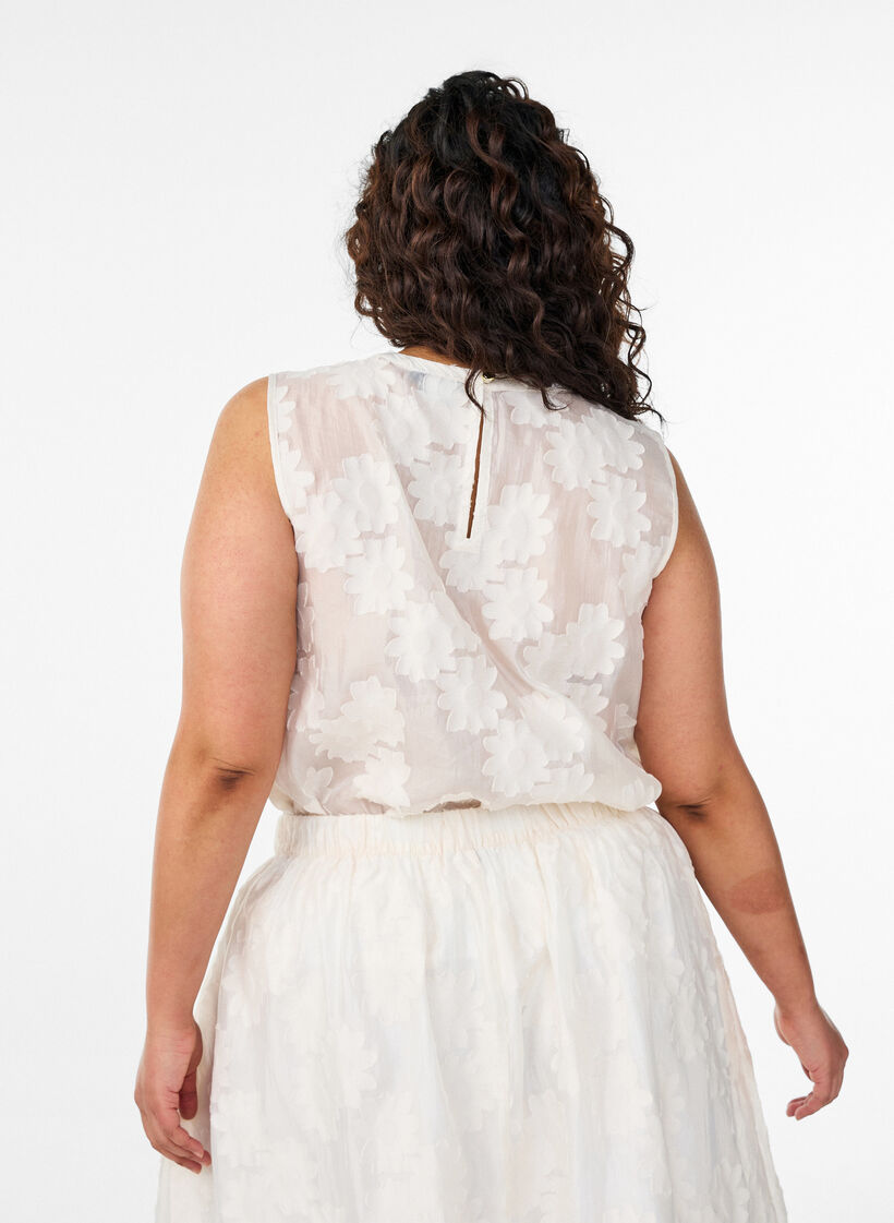 Ermel&oslash;s topp i jacquard med en blomstrete tekstur, Vanilje, Model image number 2