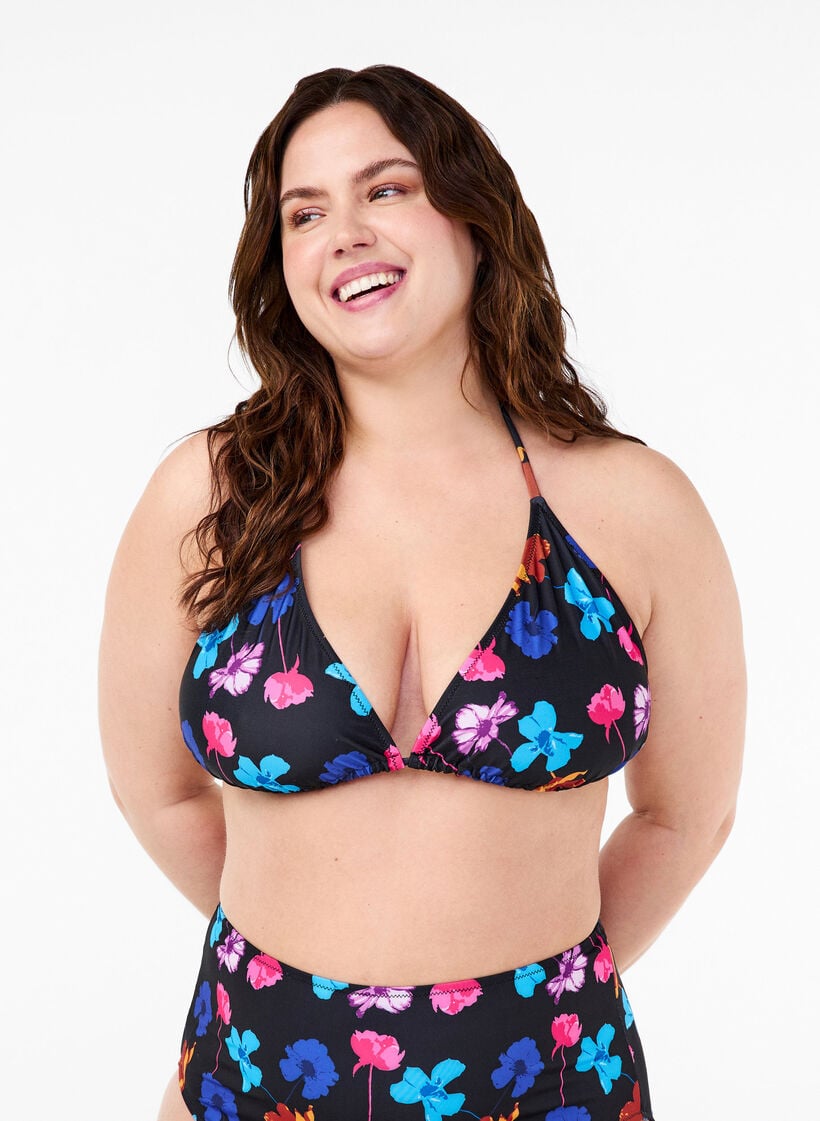 Trekantet bikini-BH med trykk, Svart, Model image number 0