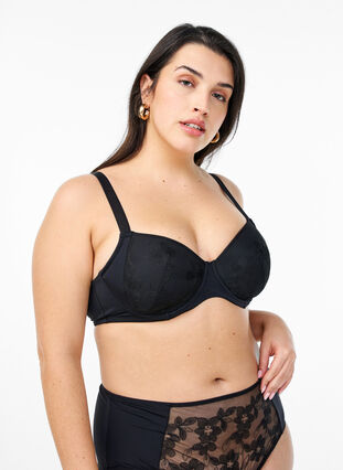 Zizzi Polstret BH med blomsterbroderi, Svart, Model image number 0