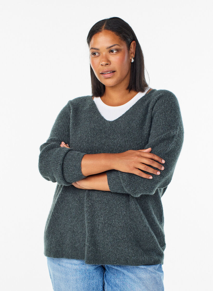 Strikkebluse med V-hals og raglanermer, Gr&oslash;nn, Model image number 0