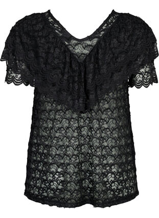 Zizzi Kortermet bluse med volanger, Svart, Packshot image number 1