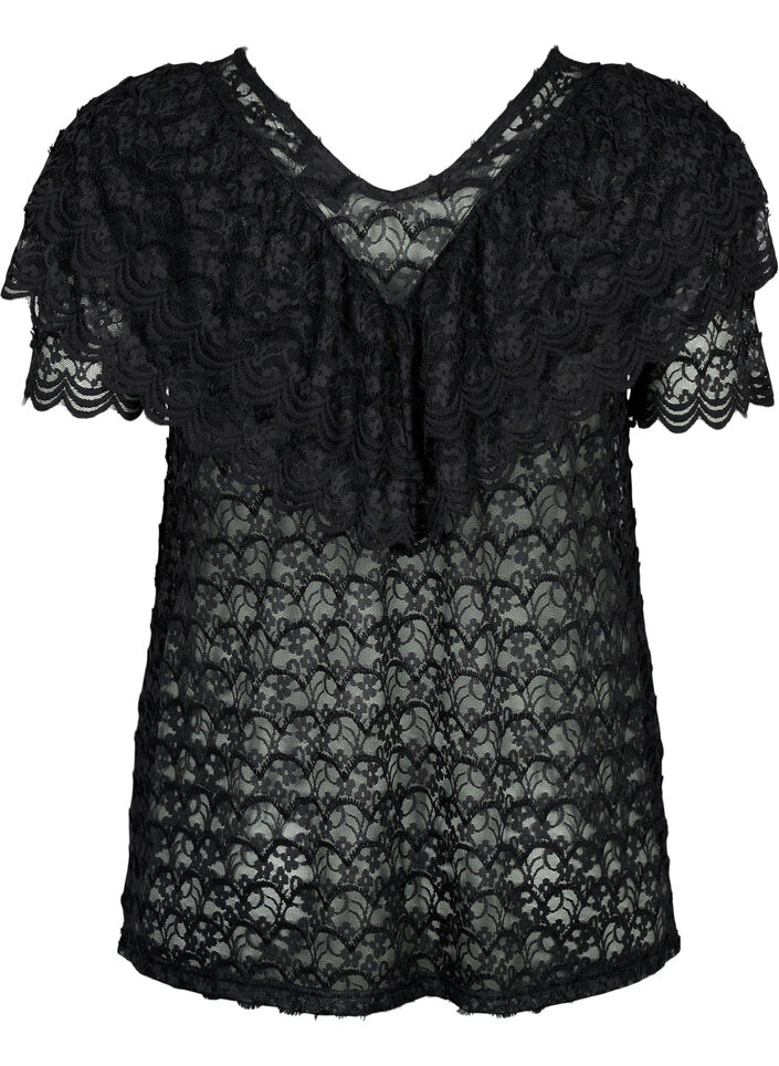 Kortermet bluse med volanger, Svart, Packshot image number 1