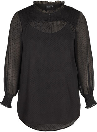 Høyhalset bluse med detaljer av smock og volanger, Black, Packshot image number 0
