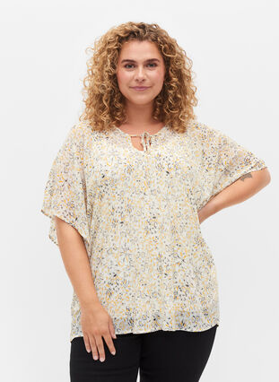 Mønstrete bluse med knyting og korte ermer, Icicle Flower AOP, Model image number 0