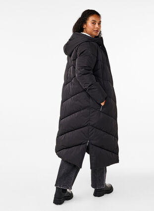 Zizzi Lang pufferjakke med hette og lommer, Black, Model image number 1