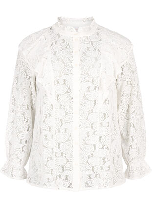 Zizzi Skjortebluse med blonder og volangedetaljer, Snow White, Packshot image number 0