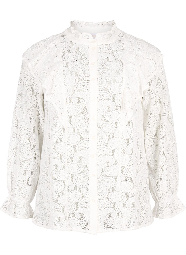 Skjortebluse med blonder og volangedetaljer, Snow White, Packshot image number 0