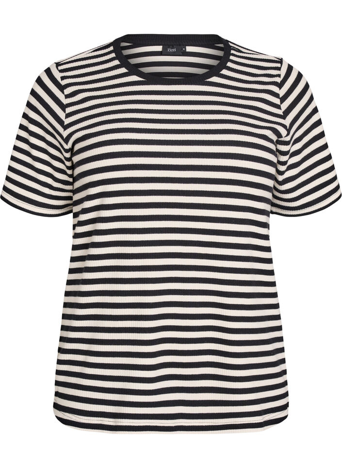 T-shirt med striper og ribbestrikket struktur, Svart, Packshot image number 0