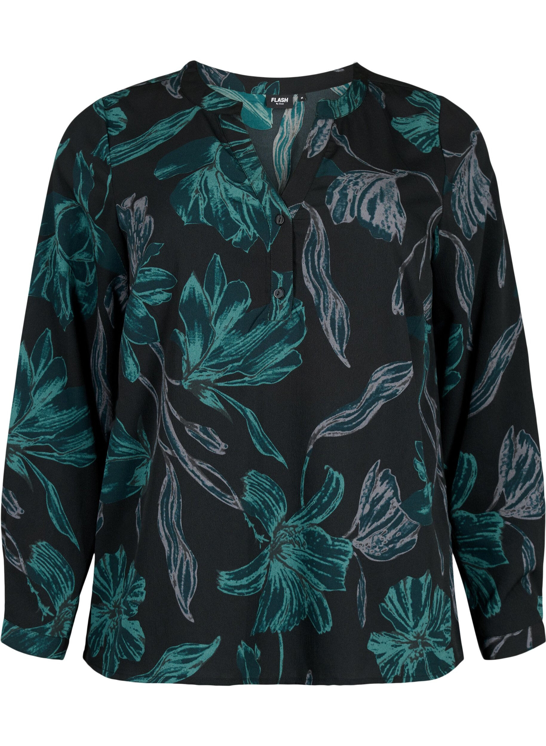 Zizzi FLASH - bluse med lange ermer og trykk, Black Scarab Flower, Packshot image number 0
