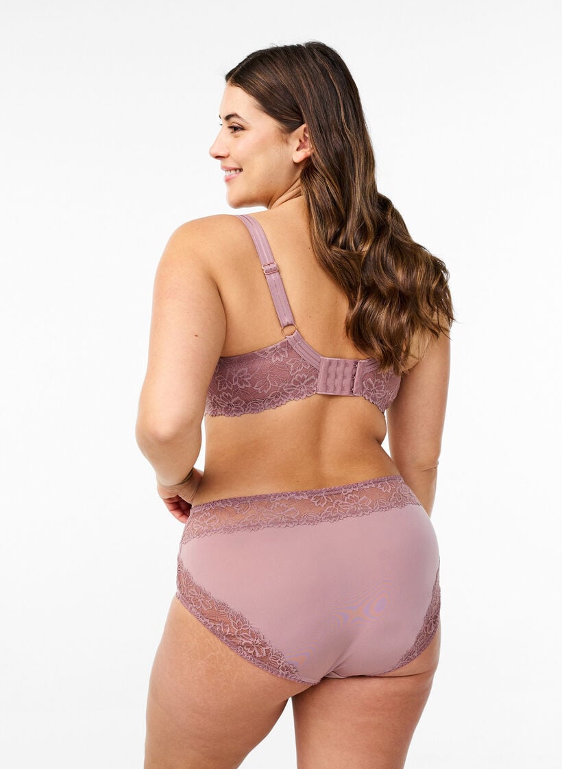 Mikrofibertruser med blondedetaljer, Rosa, Model image number 1