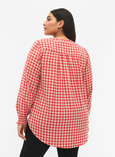 Bluse med vaffelsøm og v-utringning, Raspb. Houndsthooth, Model image number 1