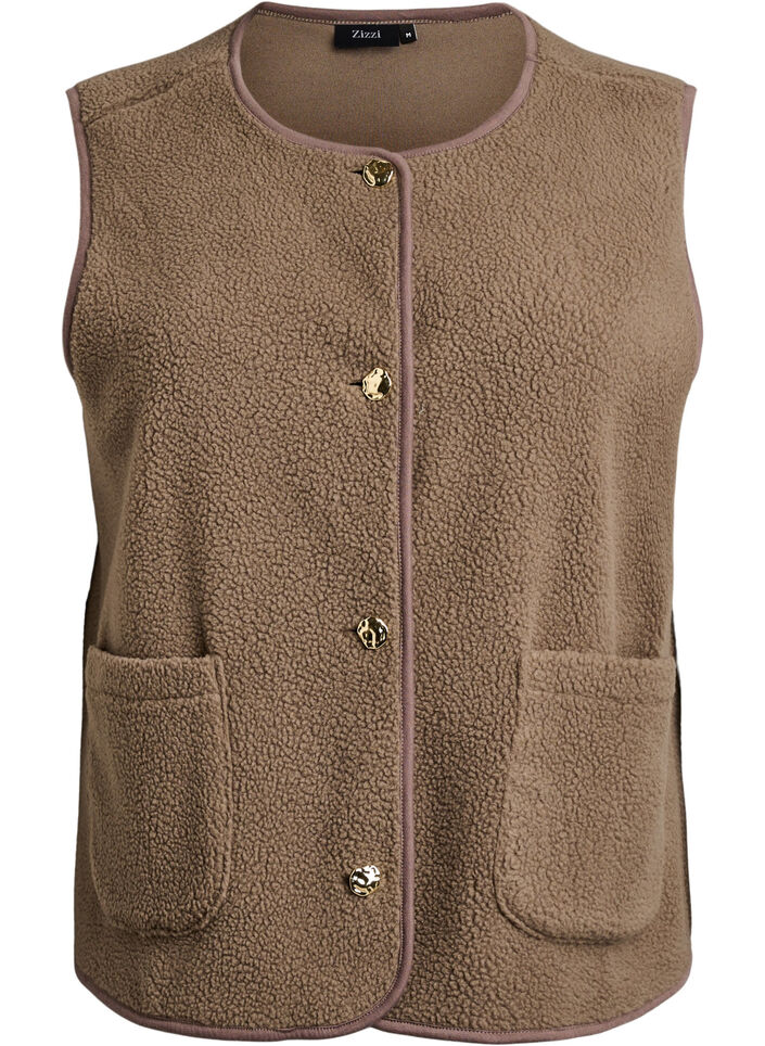 Teddy gilet med knapper og lommer, Brun, Packshot image number 0