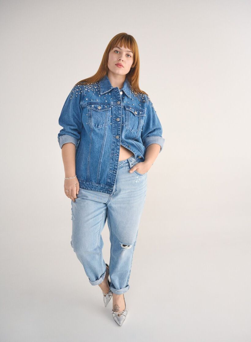 Denimjakke med glitter, , Model