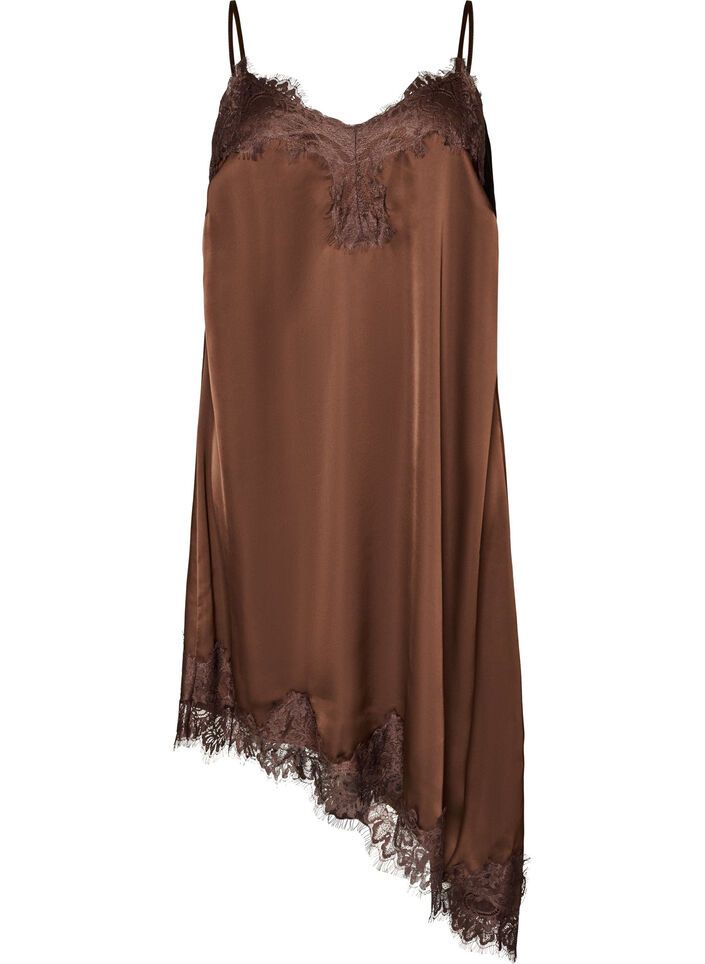 Satengkjole med blonder og asymmetrisk fold, Brun, Packshot image number 0