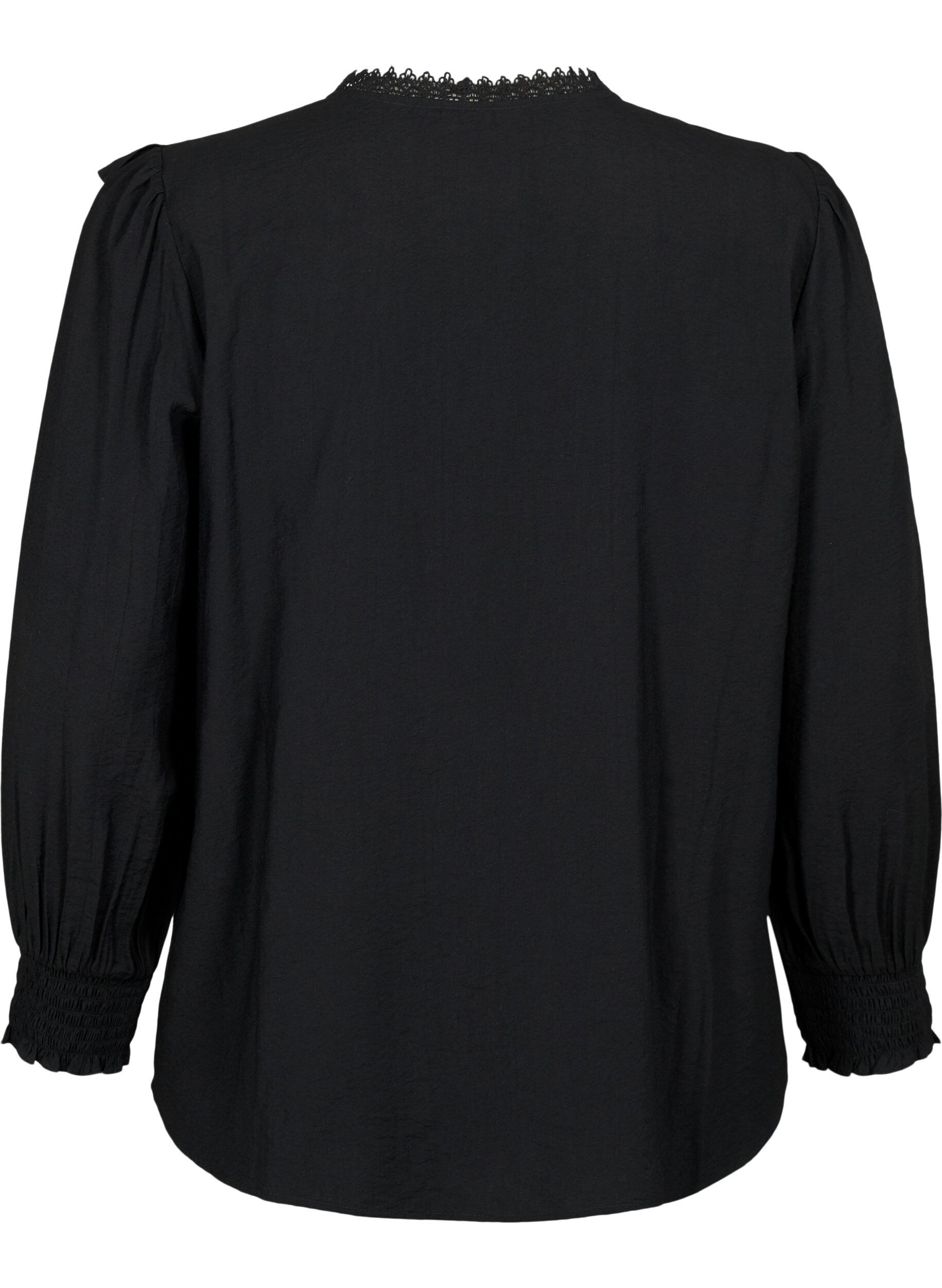 Zizzi Bluse i viskose med volanger og broderidetaljer, Black, Packshot image number 1