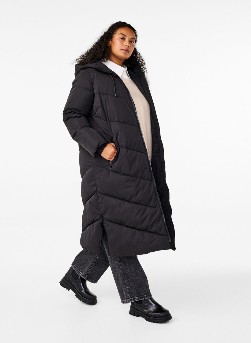 Lang pufferjakke med hette og lommer, Svart, Model image number 0