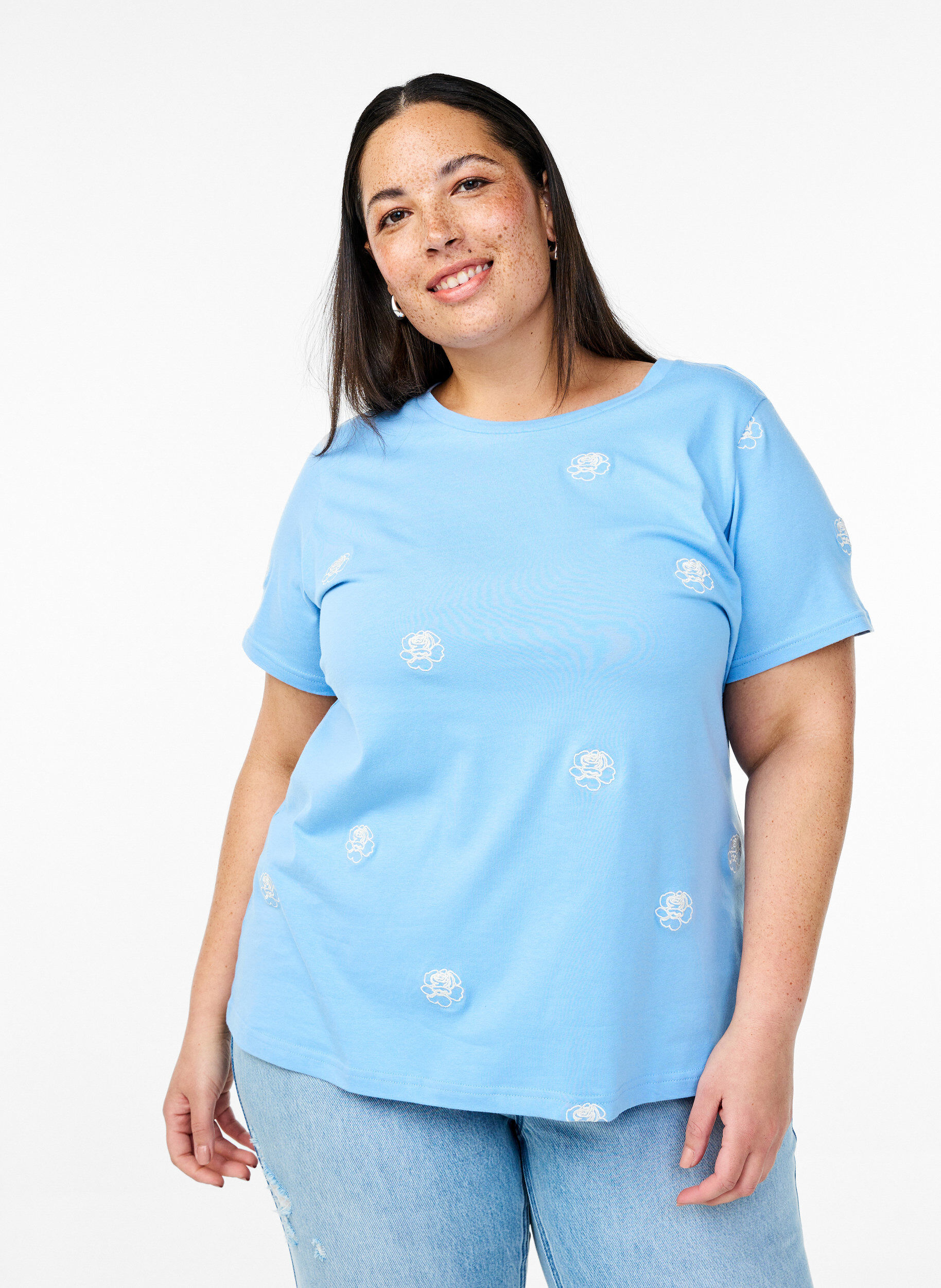 ZizziT-skjorte i &oslash;kologisk bomull med broderte motiv, Bl&aring;, Model image number 0