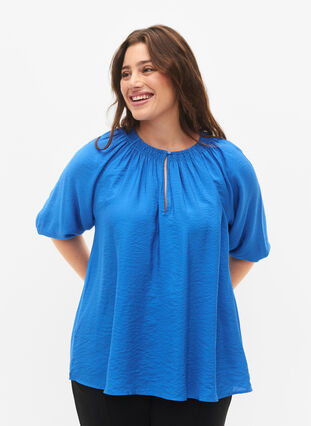 A-formet viskose bluse med 3/4-ermer, Strong Blue, Model image number 0