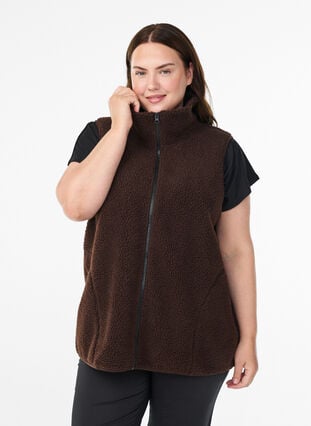 Zizzi Teddy fleece vest med glidelås og lommer, Hot Fudge, Model image number 0