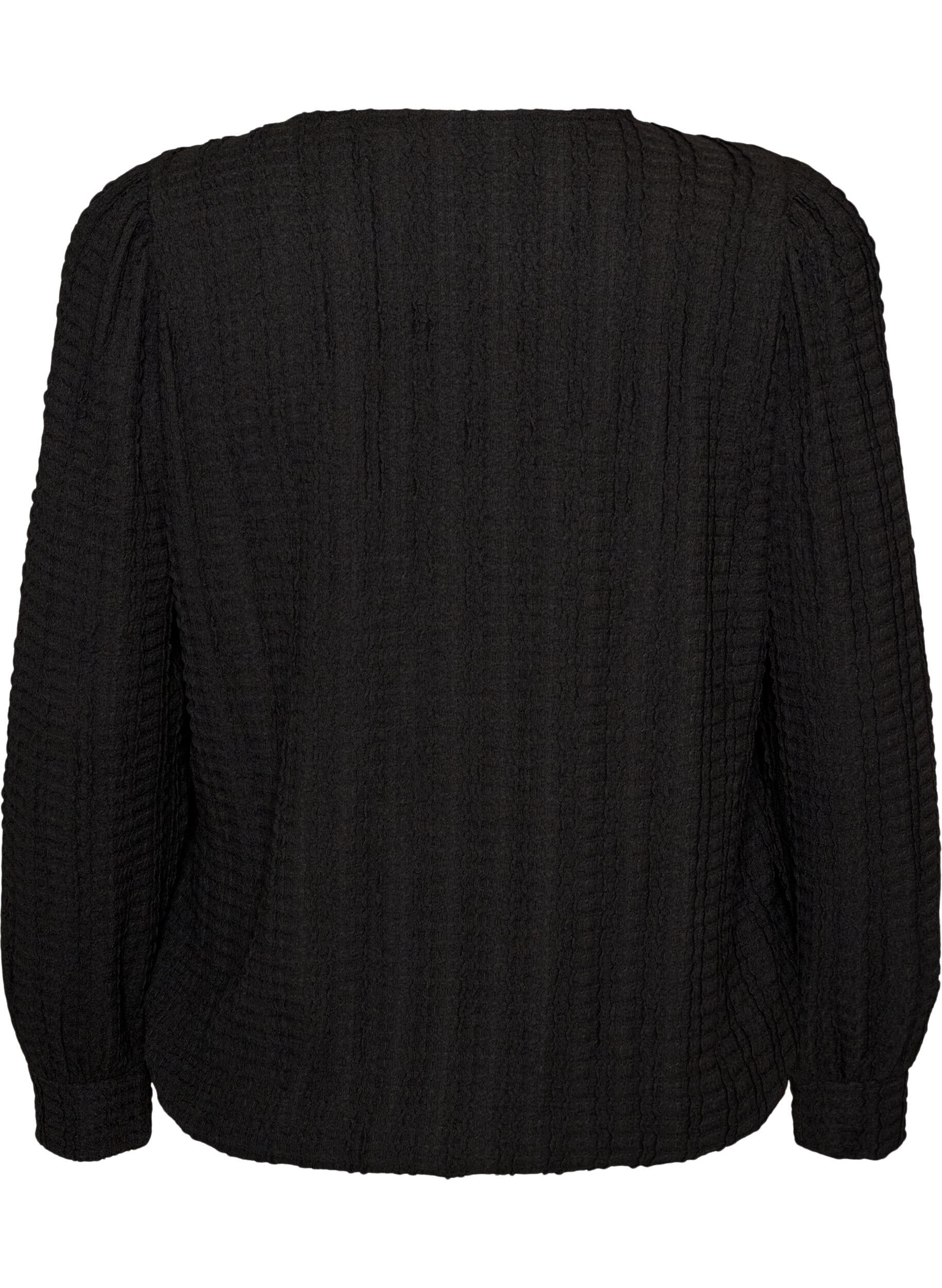 ZizziJerseybluse med struktur og ballongsilhuett, Svart, Packshot image number 1