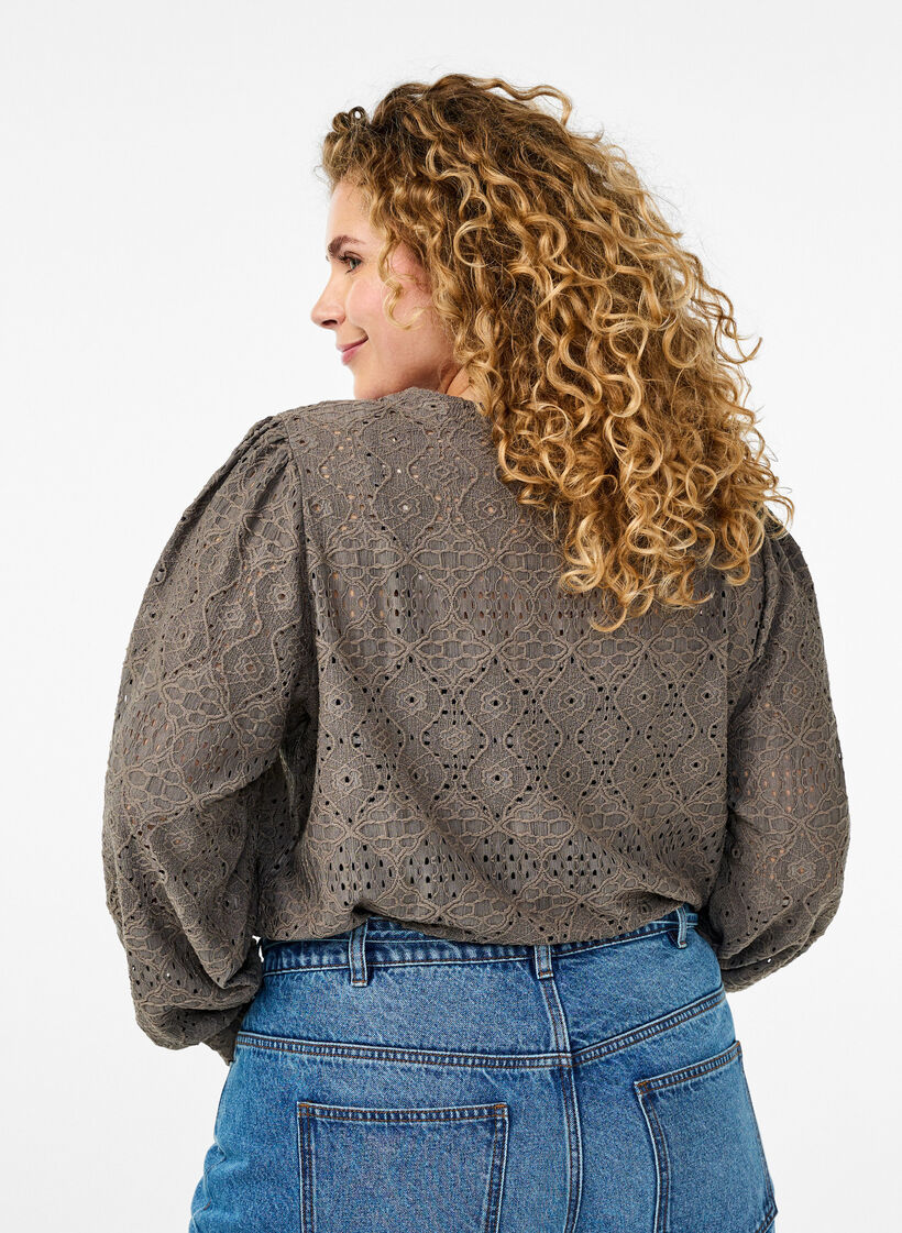 Langermet bluse med et åpentsarbeidsmønster, Brun, Model image number 2