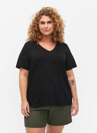 Kortermet basic T-skjorte med V-hals, Black, Model