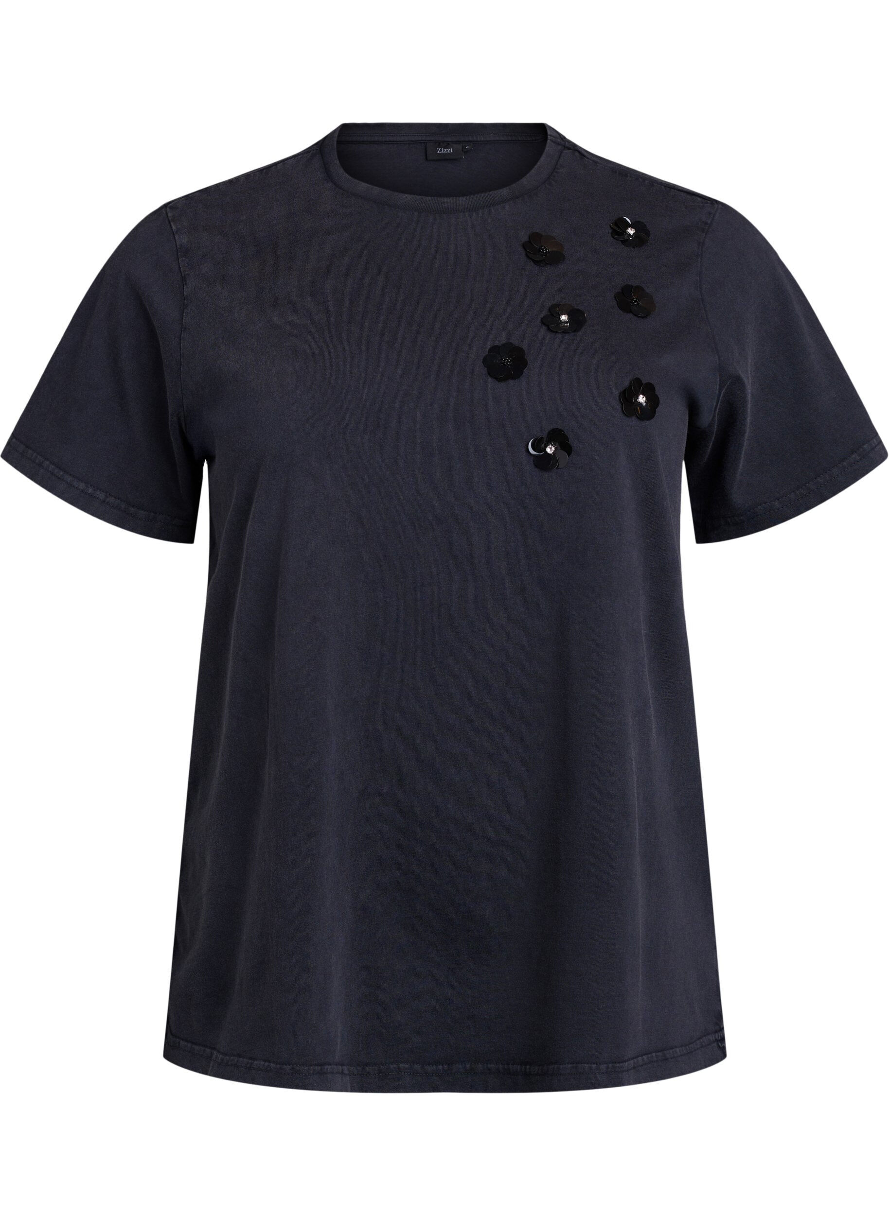 Zizzi Vasket T-skjorte med paljettblomster, Gr&aring;, Packshot image number 0