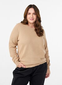 Strikkebluse i bomull med strukturmønster, Beige Strikkebluse i bomull med strukturmønster, Beige, Model