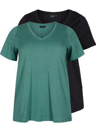 Basis T-skjorter i bomull 2 stk., Mallard Green/Black, Packshot image number 0