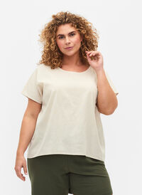 Kortermet bluse i bomullsblanding med lin, Sandshell, Model