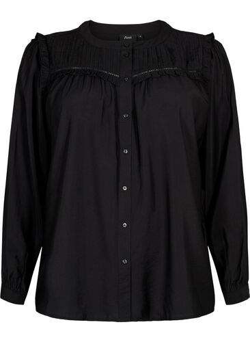 Skjortebluse med volanger og folder, Black, Packshot image number 0