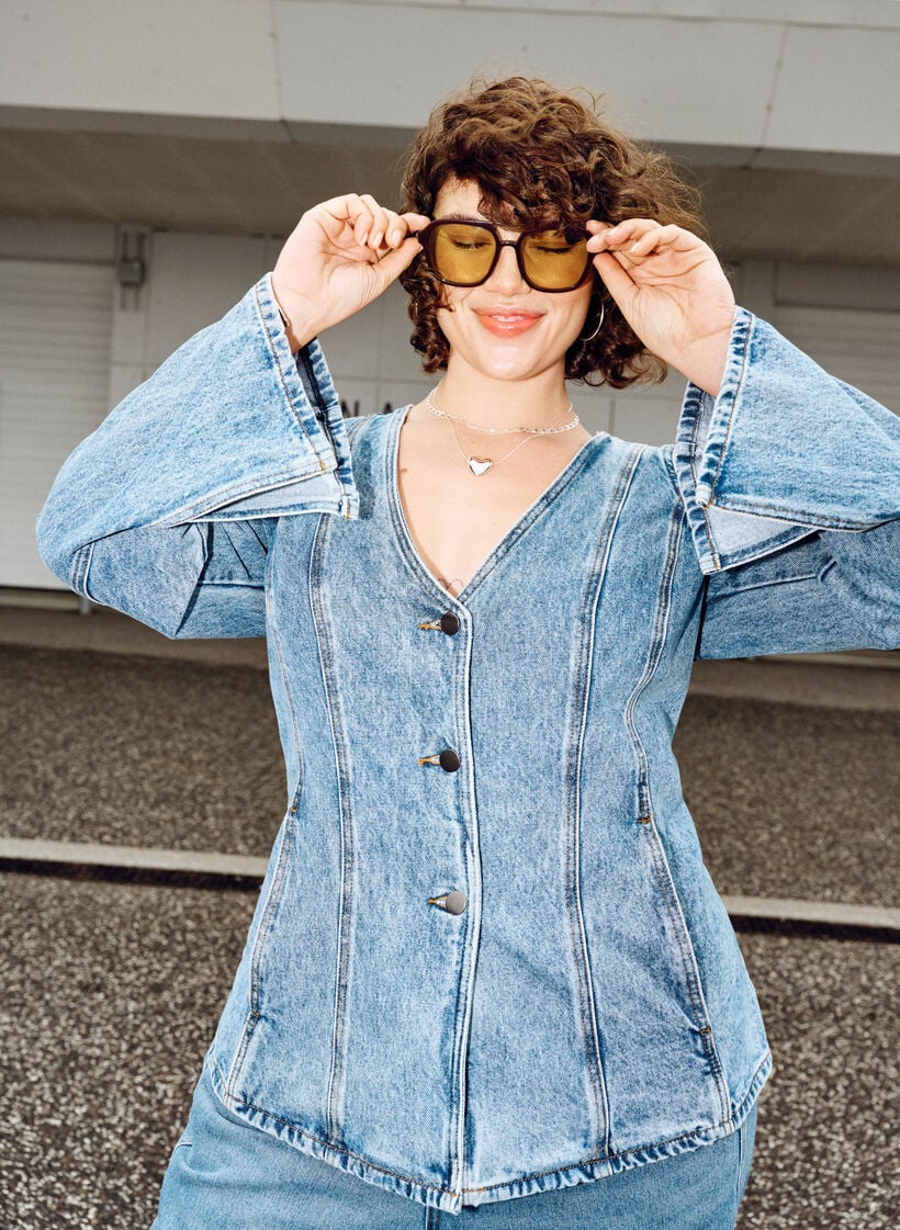 Denimjakke med formende s&oslash;mmer og V-hals, Bl&aring;, Image image number 0