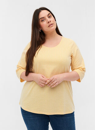 Stripete bluse med 3/4-ermer, Mimosa, Model image number 0