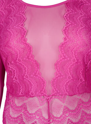 Bodystocking med blondekant og mesh, Fuchsia Red, Packshot image number 2