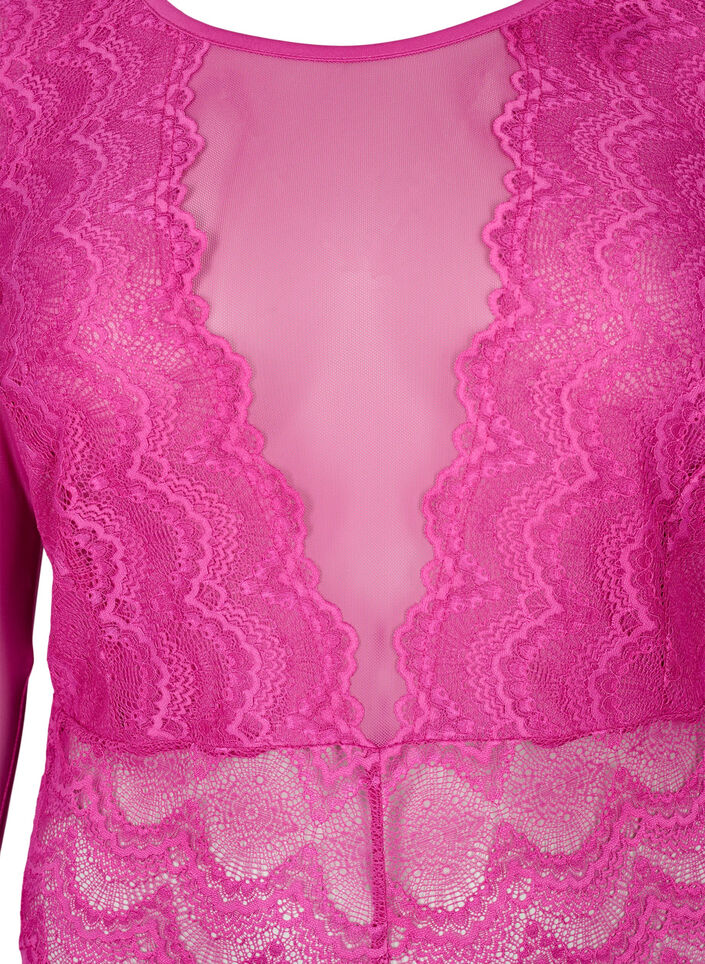 Bodystocking med blondekant og mesh, Fuchsia Red, Packshot image number 2