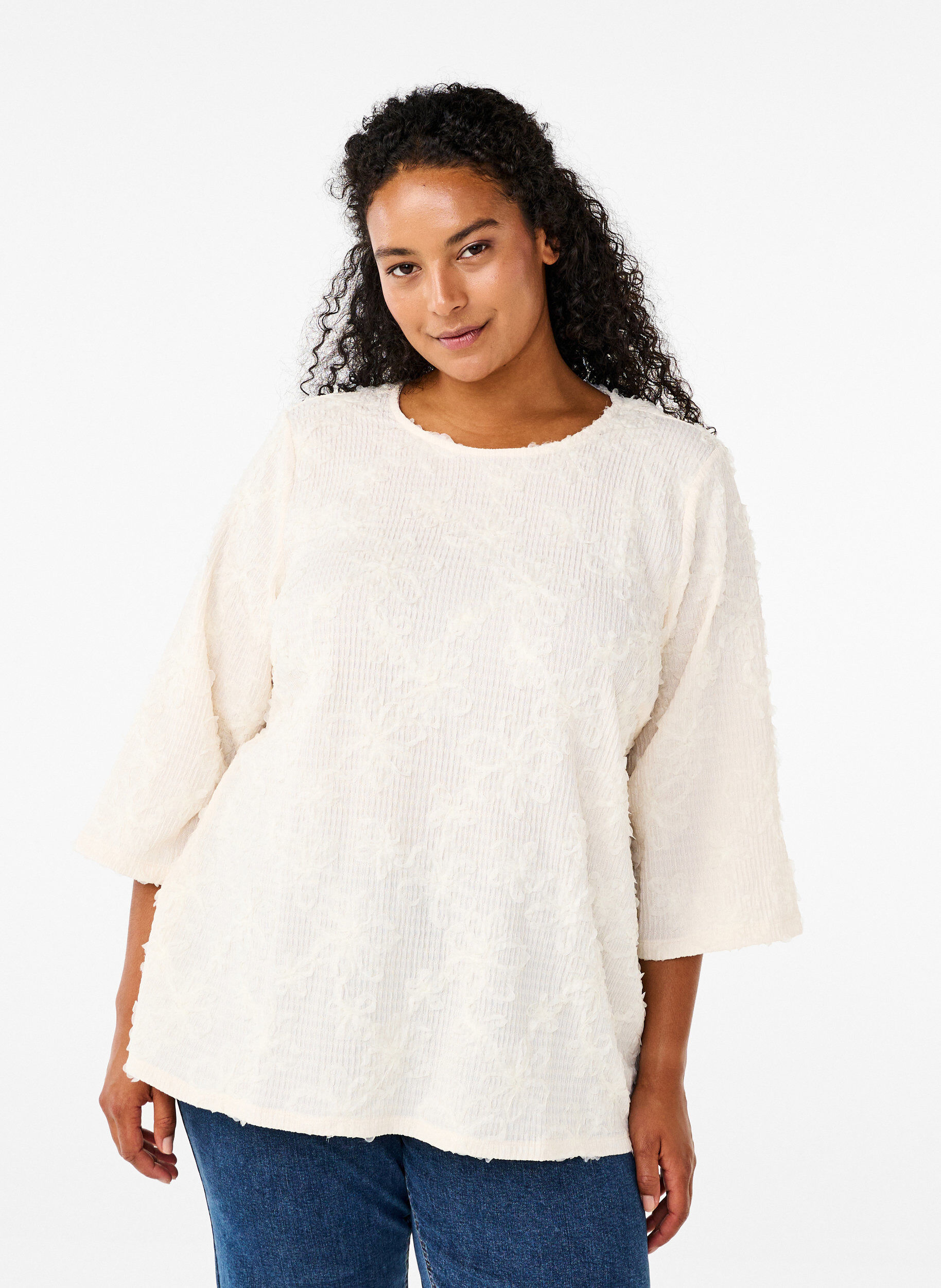 Zizzi Bluse med 3/4-ermer og 3D-blomster, Warm Off-white, Model image number 0