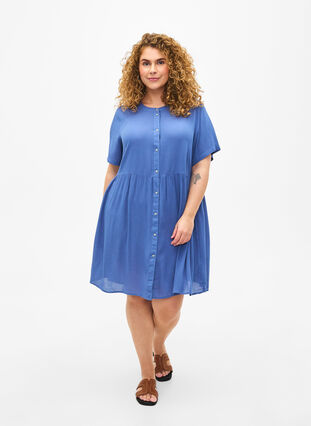 A-linjeformet kjole i viskose med korte ermer, Moonlight Blue, Model image number 2