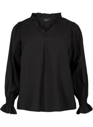 Langermet viskosebluse med rynkedetaljer, Black